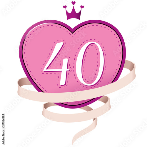 Pink Heart with a Crown, Ribbon and Number 40