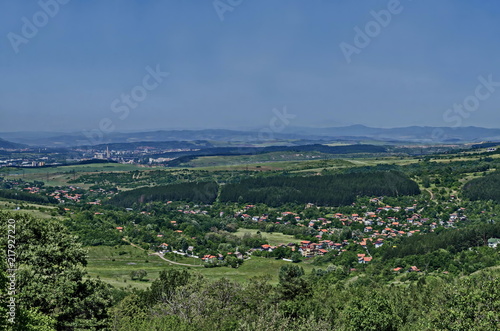 View toward  residential district Marchaevo and environs of Sofia city at the foot of the mountain Vitosha  Bulgaria 