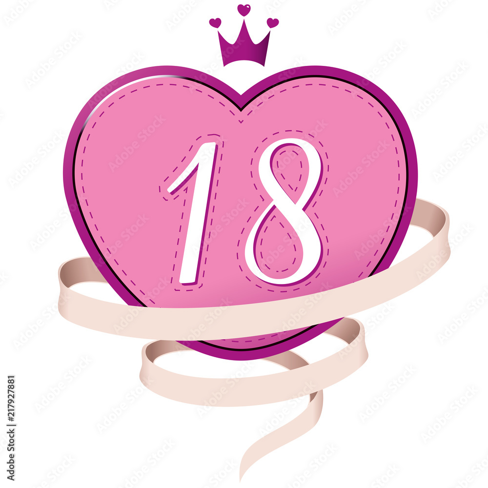 Obraz premium Pink Heart with a Crown, Ribbon and Number 18