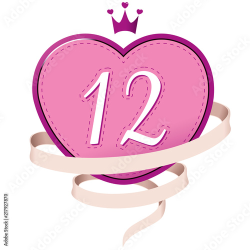 Pink Heart with a Crown, Ribbon and Number 12