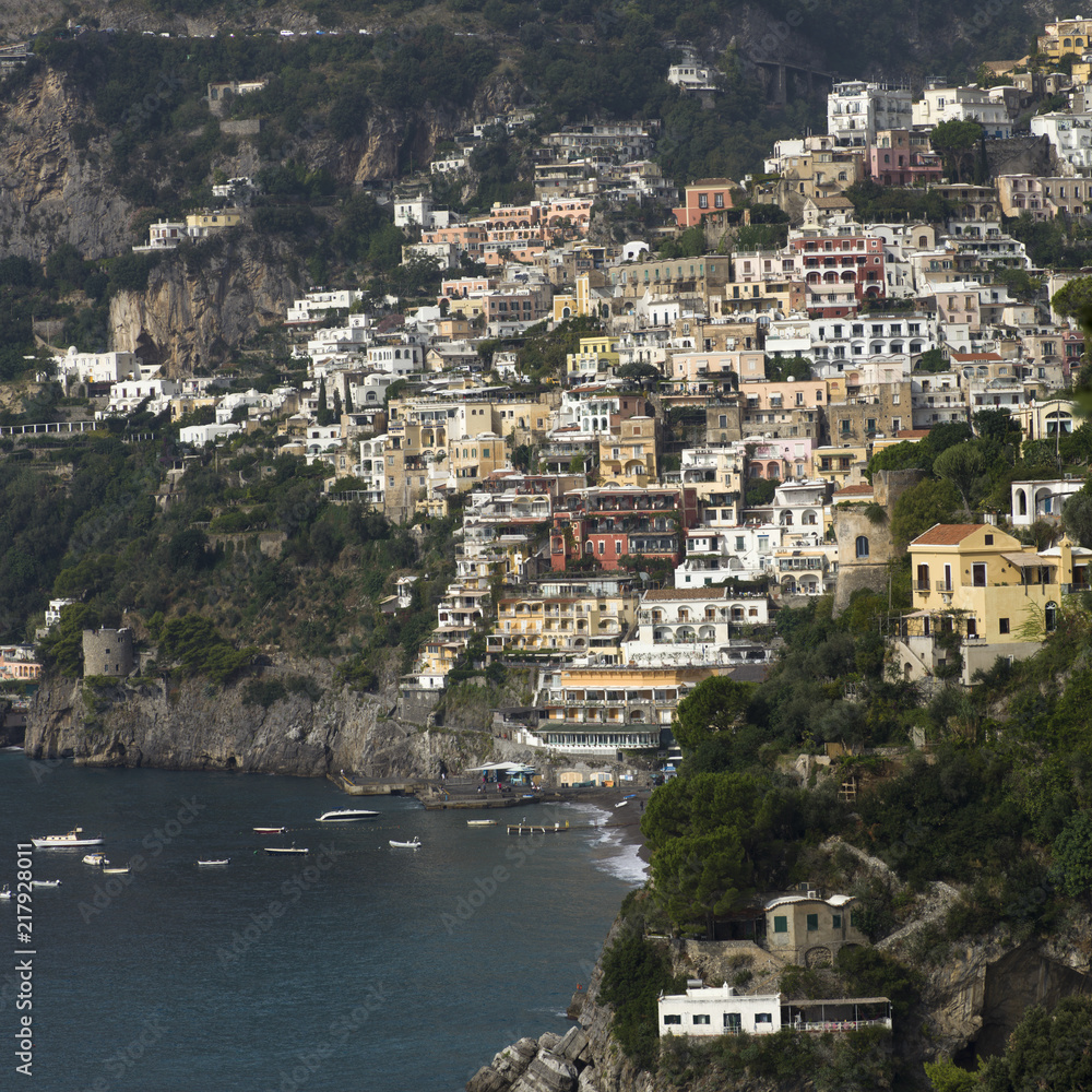 View of town at coast, Amalfi Coast, Salerno, Campania, Italy