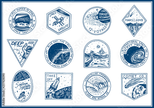 Vintage Space logo. Exploration of the astronomical galaxy. mission astronaut or spaceman. cosmonaut adventure. Planets and satellites badge emblem patch sticker. engraved hand drawn sketch.