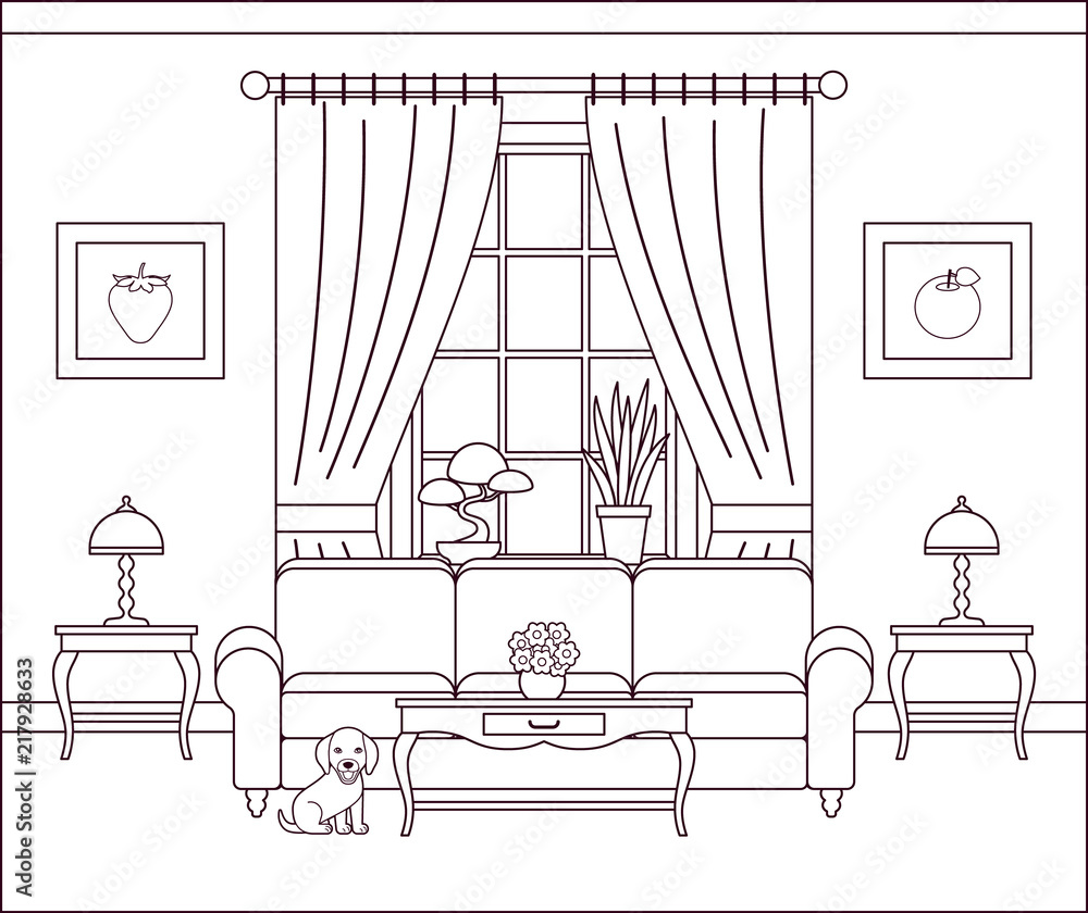 Living room interior. Vector illustration. Outline sketch. Home flat ...