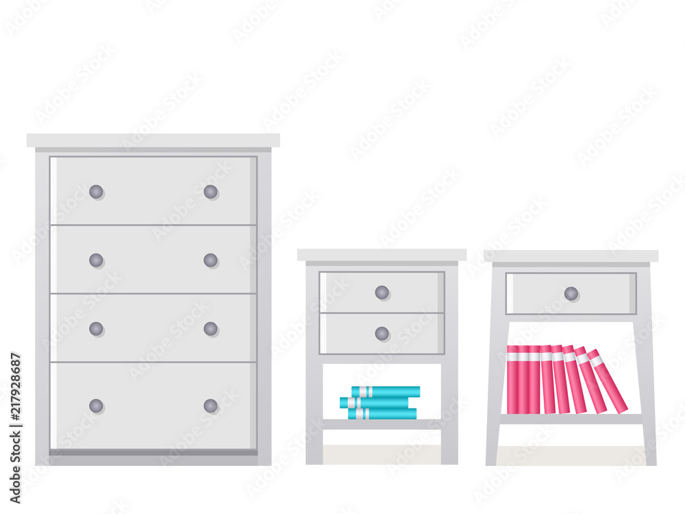 Chest of drawers, bedside table. Vector. Furniture icon in flat design. Cartoon house equipment dresser, commode, bureau for bedroom and living room isolated on white background. Chest of drawers, bedside table. Vector. Furniture icon in flat design. Cartoon house equipment dresser, commode, bureau for bedroom and living room isolated on white background.