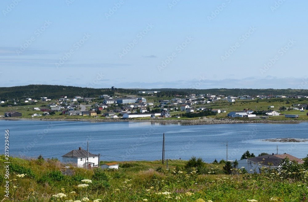 landscape around the Irish Loop; view across Trepassey harbour from Valna Fad towards the town of Trepassey , Avalon peninsula Newfoundland Canada