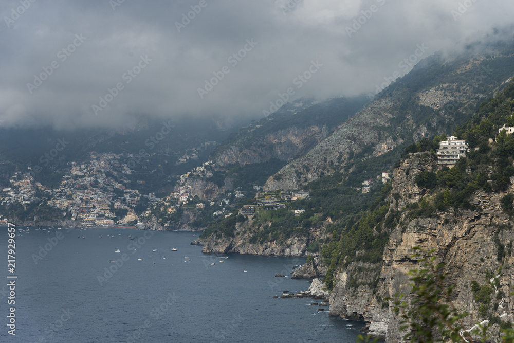 View of a town at coast, Praiano, Amalfi Coast, Salerno, Campania, Italy