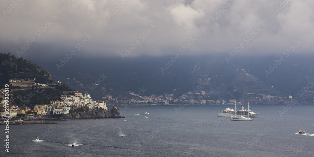 View of a town at coast, Amalfi Coast, Salerno, Campania, Italy