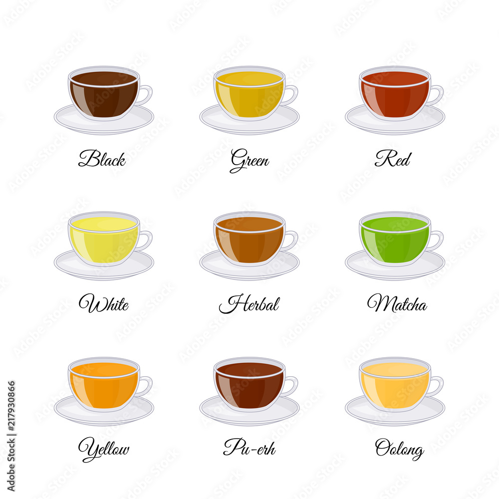Different kinds of tea including black, green, white, matcha, pu-erh, yellow, red, herbal, oolong. Different kinds of tea including black, green, white, matcha, pu-erh, yellow, red, herbal, oolong.