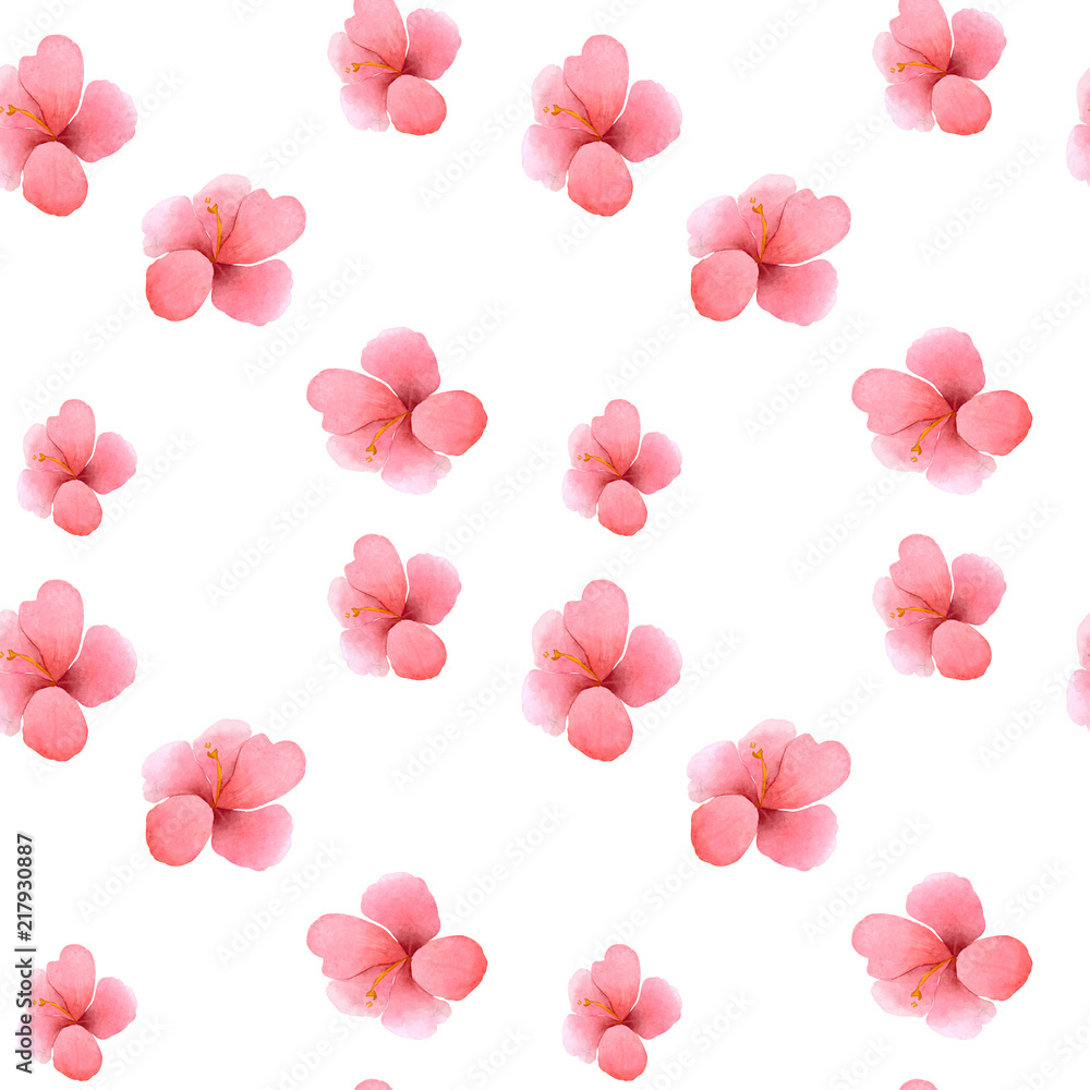 Watercolor seamless pattern with hibiscus. Botanical design.