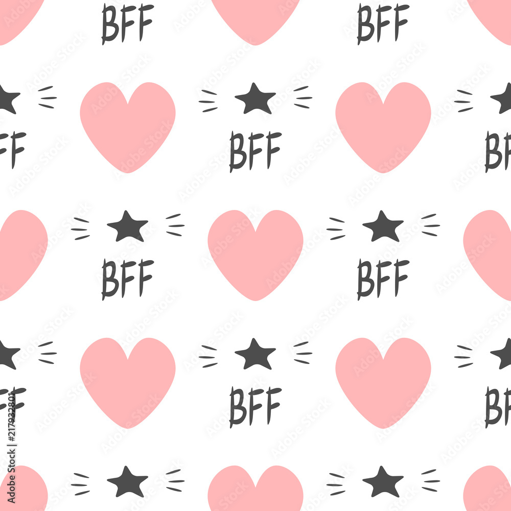 Cute seamless pattern with repeating hearts and text BFF and stars. Endless print for girls.