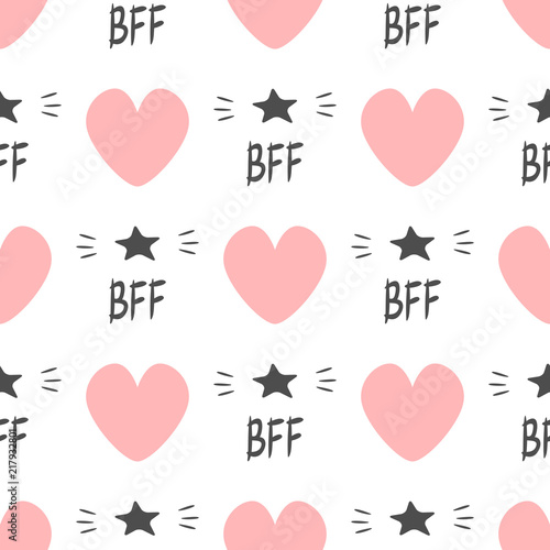 Cute seamless pattern with repeating hearts and text BFF and stars. Endless print for girls.
