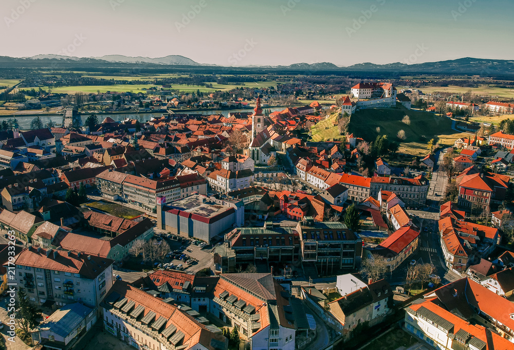 aerial view of Ptuj the oldest town of Slovenia