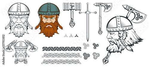 Hand drawn of a viking in a helmet. Scandinavian traditional weapons. Cartoon bearded man character. Viking tattoo. Traditional norse ornament. Norse mythology. Vector graphics to design