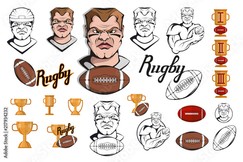 Set of Football player design elements. Hand drawn Rugby player. Cartoon soccer player. Set for football concept. Gold champions and winner cup. Cartoon Man Head. Rugby ball. Vector graphics to design