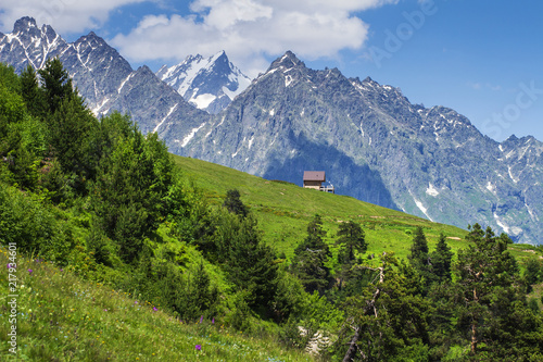 Obraz na płótnie Alpine landscape of green meadow and rocky mountains in a clear sunny summer day. Amazing rural mountain scene hills in Alps with lonely house on hillside. Springtime in beautiful nature. w salonie