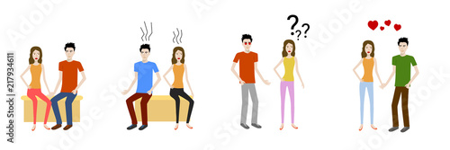 Set of flat design cartoon vectors of young lovers showing emotions.