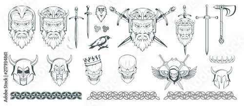 Hades - the ancient Greek god of the underworld of the dead. Greek mythology. Sword of hell and the raven. Olympian gods collection. Hand drawn Man Head. Bearded man. Vector graphics to design