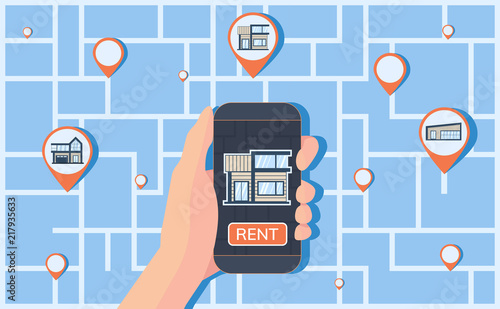Online service for finding, booking and renting housing. Map with geolocation marks on the background.