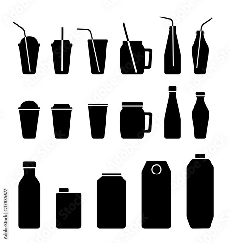 Set of cups, cans, bottles, packages, cartons for juice, smoothies and cocktails