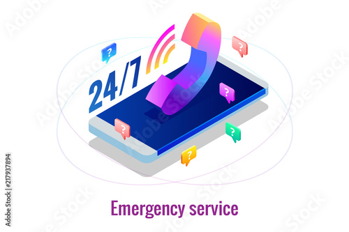 Web page design templates for call center support 24-7. Isometric 24 hours open customer service. Vector illustration Customer Service, Support or CRM
