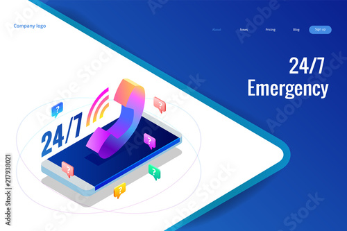 Web page design templates for call center support 24-7. Isometric 24 hours open customer service. Vector illustration Customer Service, Support or CRM