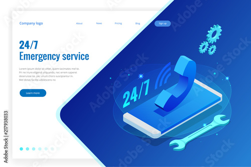 Web page design templates for call center support 24-7. Isometric 24 hours open customer service. Vector illustration Customer Service, Support or CRM