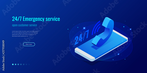 Web page design templates for call center support 24-7. Isometric 24 hours open customer service. Vector illustration Customer Service, Support or CRM