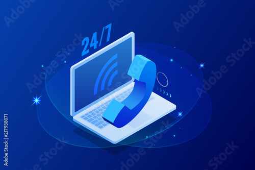 Web page design templates for call center support 24-7. Isometric 24 hours open customer service. Vector illustration Customer Service, Support or CRM