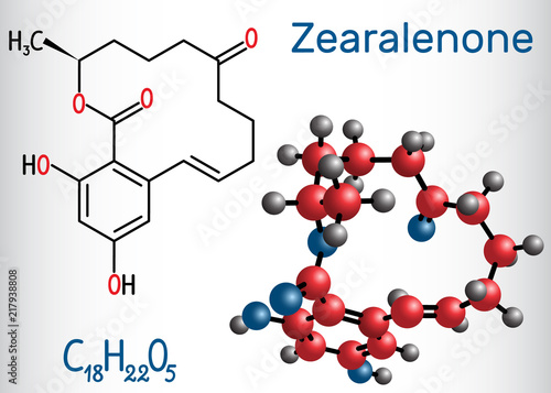 Zearalenone (ZEN) mycotoxin molecule. Structural chemical formula and molecule model