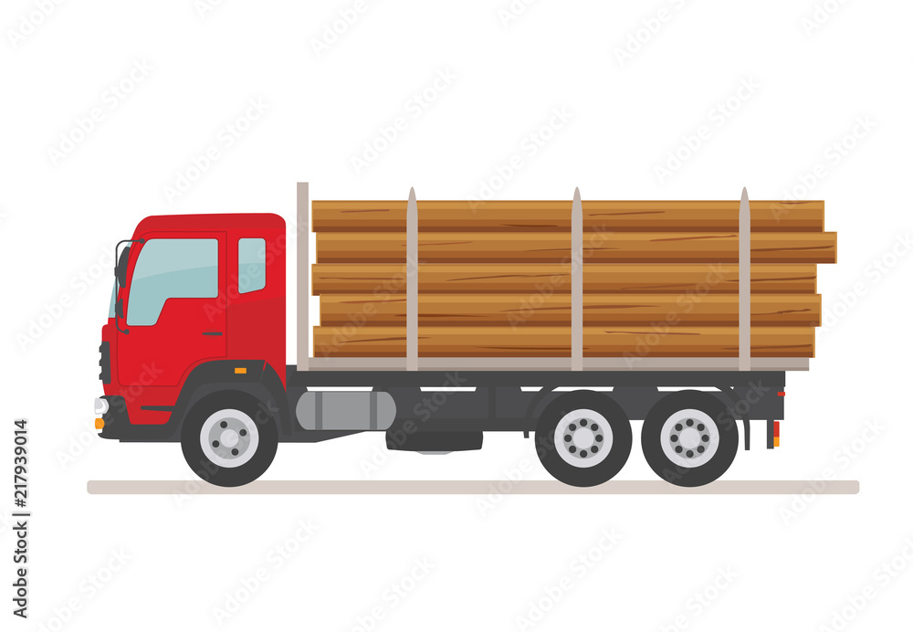 Logging truck on the road. Isolated on white background. Wood production and forestry. Vector illustration. 
