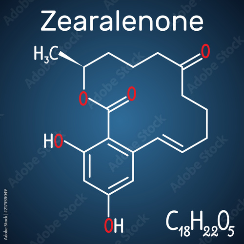 Zearalenone (ZEN) mycotoxin molecule. Structural chemical formula and molecule model on the dark blue background