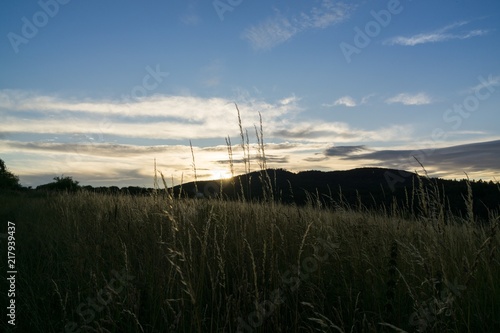 Sunrise and sunset over the hills and town. Slovakia