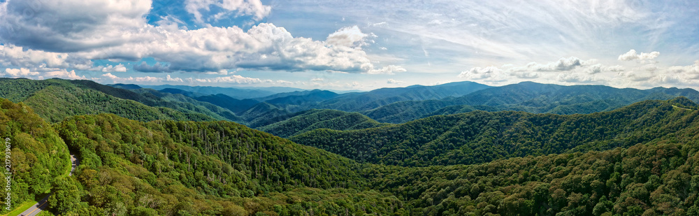 Aerial Panorama of green mountains