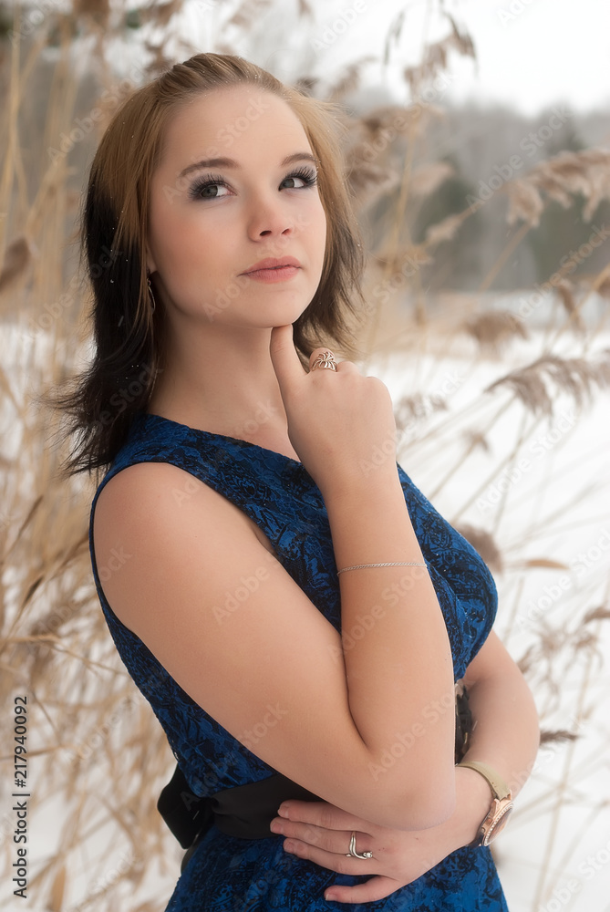 Elegant young fashion woman in snow frost winter forest Elegant young fashion woman in snow frost winter forest