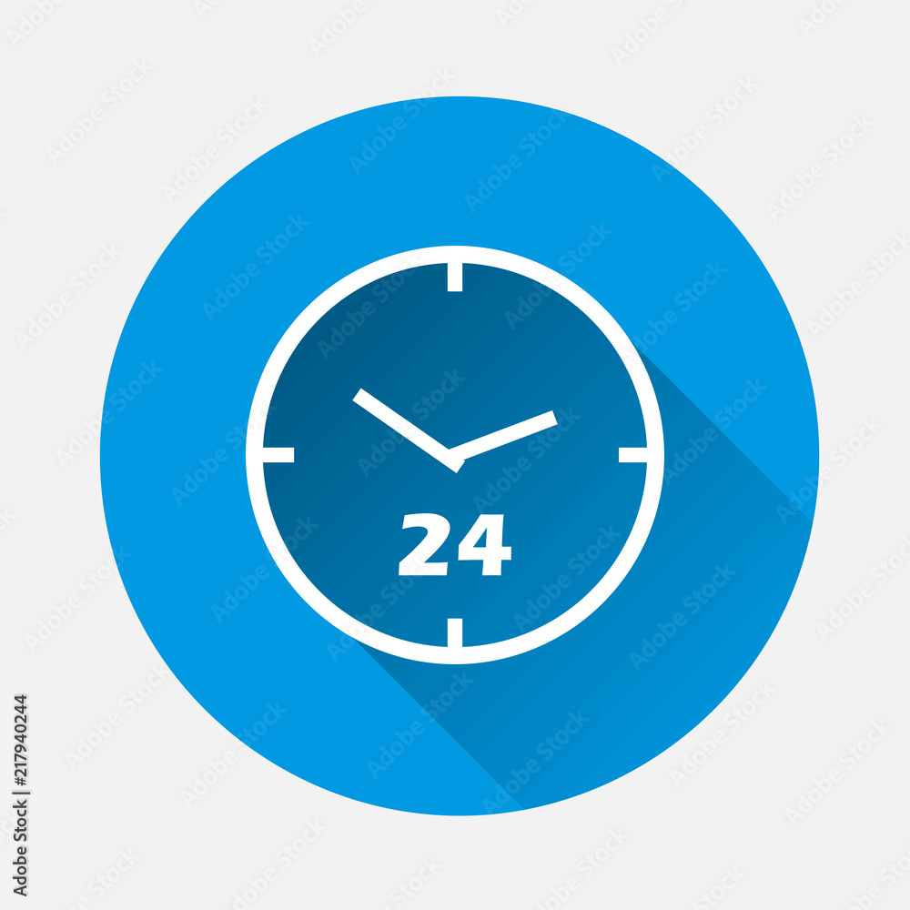 Watch face vector icon. 24 hour on blue background. Flat imagetime of clock with long shadow. Layers grouped for easy editing illustration. For your design.