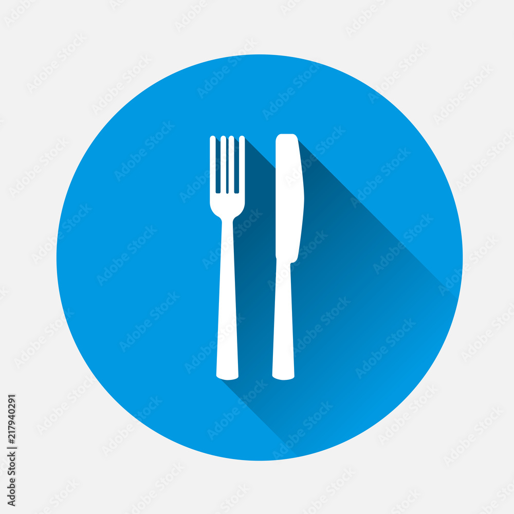 Knife and fork. Table setting on blue background. Flat image cutlery icon with long shadow. Layers grouped for easy editing illustration. For your design. Knife and fork. Table setting on blue background. Flat image cutlery icon with long shadow. Layers grouped for easy editing illustration. For your design.