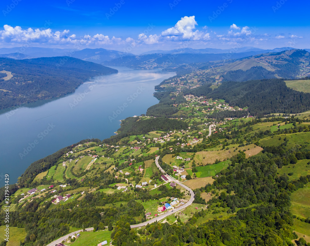 Mountain Spring lake (Izvorul Muntelui), Romania. Aerial view from professional drone