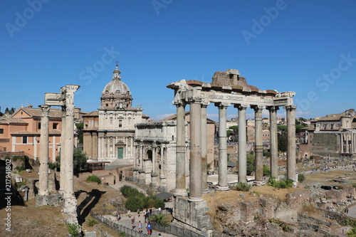 View from Tabularium to Temple of Saturn in Forum Romanum, Italy 