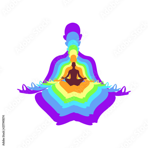 Yoga lotos position with colorfull chakras on a white background.