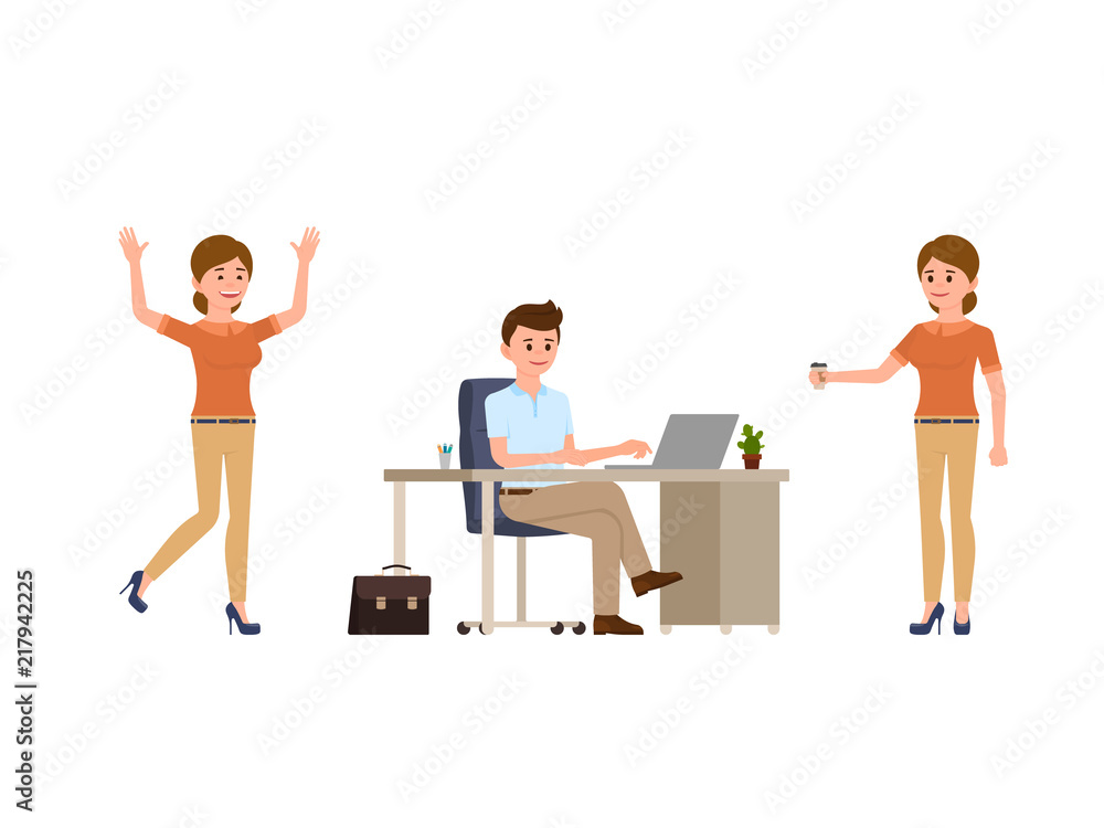 Young man sitting at the desk, using laptop. Young woman holding coffee, happily laughing. Cartoon character casual look Young man sitting at the desk, using laptop. Young woman holding coffee, happily laughing. Cartoon character casual look