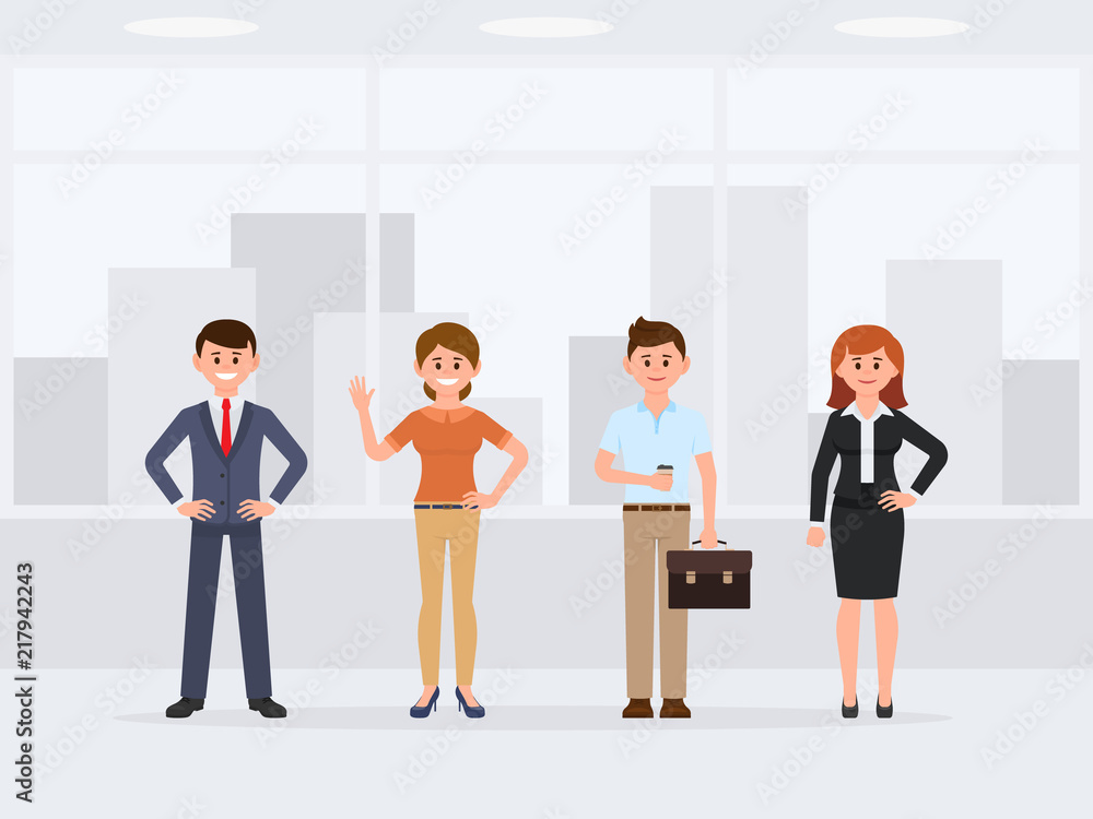 Obraz premium Coworkers standing at the office cartoon character. Front view of young happy colleagues