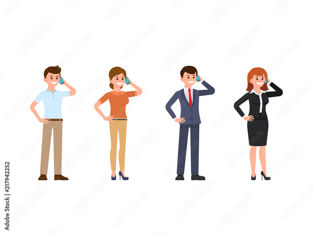 Office clerk talking on phone cartoon character set. Happy young people  using mobile Stock Vector | Adobe Stock