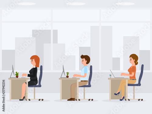 Male and female office workers at the desk. Young working clerks cartoon character