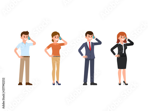 Office clerk talking on phone cartoon character set. Happy young people using mobile