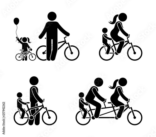 Stick figure family riding bicycle pictogram. Happy mam, dad and kid outdoor.