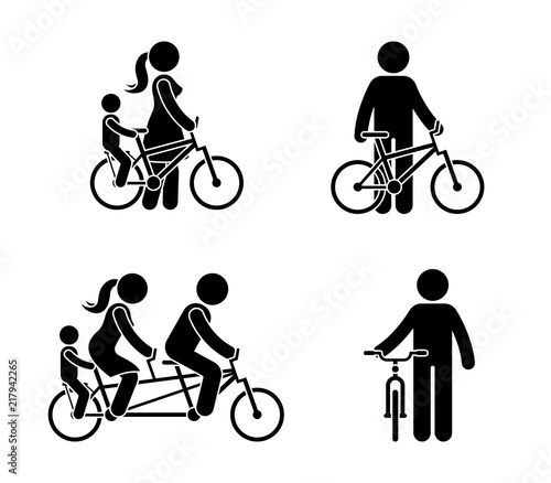 Stick figure happy family riding bike pictogram. Mother, father and child spending time together