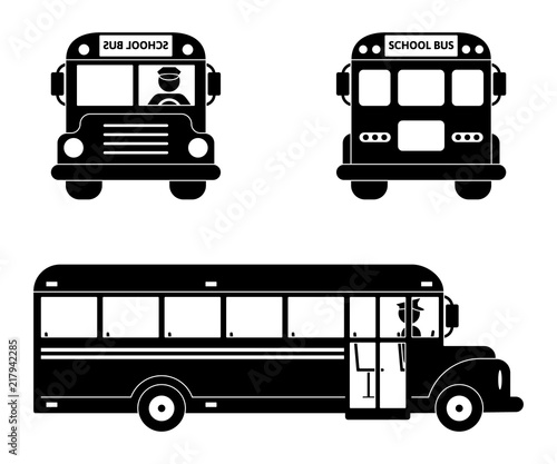 School bus black symbol set. Front, side and back view on white