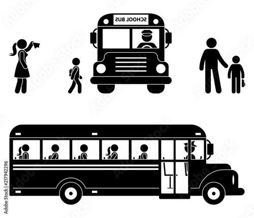 School children sitting in the bus. Stick figure back to school icon