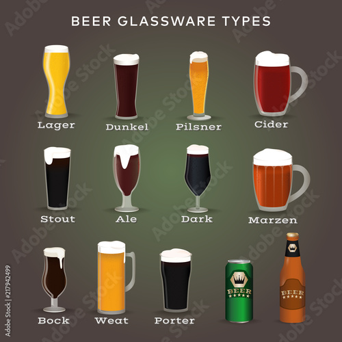 Beer types. Glasses and mugs with names. Lager, bock, wheat, stout, pilsner, ale, cider porter marzen dunkel Vector illustration in flat style