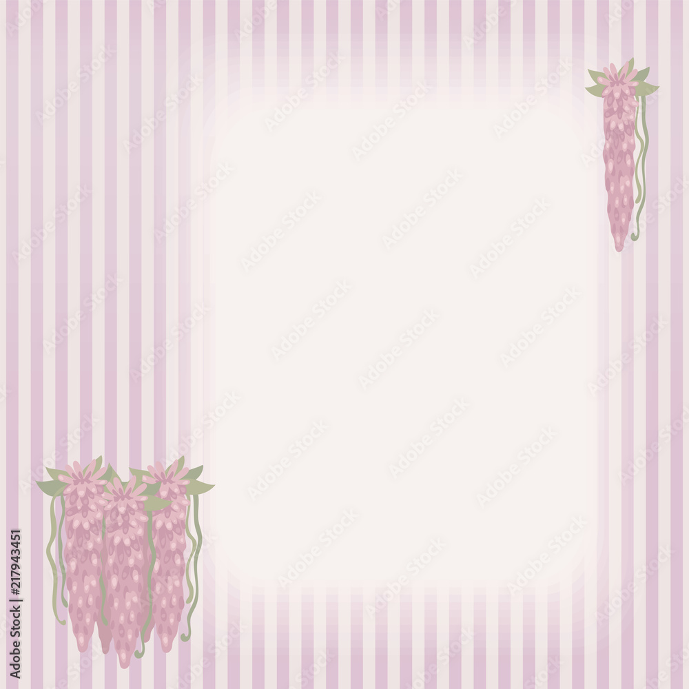 Striped retro card with pink flowing flowers, green leaves and a rectangular vertical light area vector.